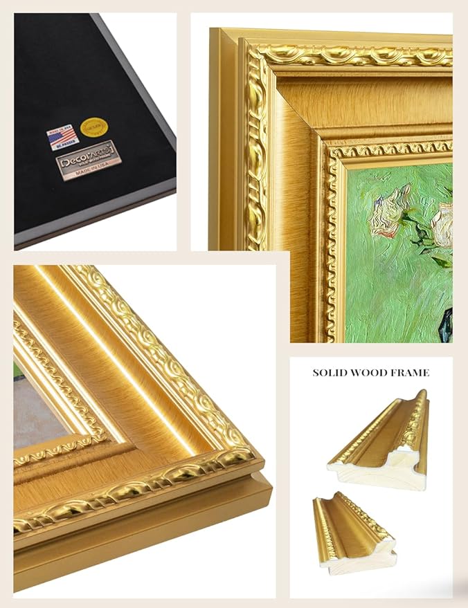 DECORARTS - Pink Roses in a Vase by Vincent Van Gogh. Giclee Print on Acid-Free Canvas in Gold Solid Wood Frame. Picture Size: 16x20, Total Size: 24.75x20.75, Made in USA