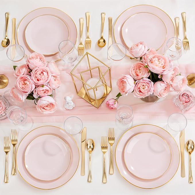Nervure 100Pieces Pink and Gold Plastic Plates - 7.5inch Disposable Pink Salad/Dessert Plates - Heavy Duty Plastic Plate Ideal for Wedding & Party