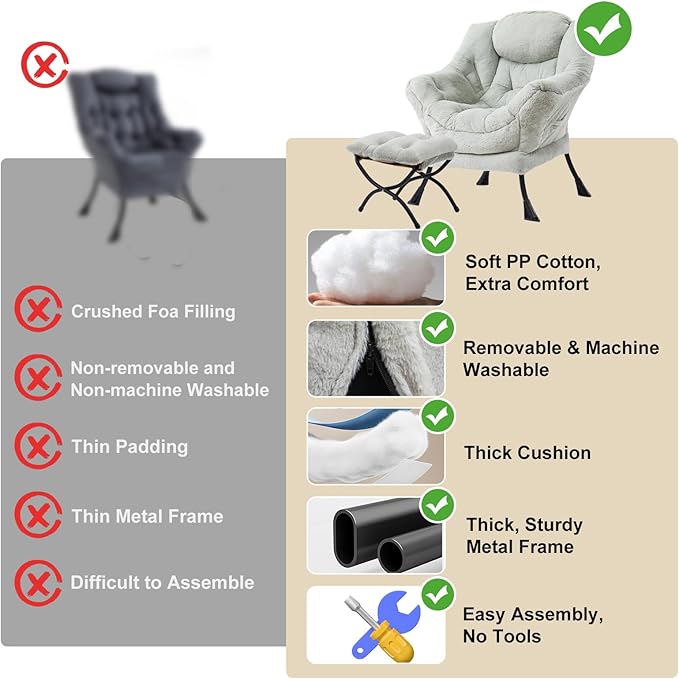 Lazy Chair with Ottoman, Modern Chair with Folding Footrest, Lounge Accent Chair, Comfortable Reading Chair (Plush Green)