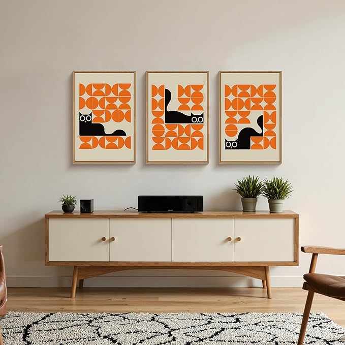 HOURIA Geometric Black Cat Framed Canvas Wall Art Set,Abstract Orange & Cream Wall Decor,Round Eyes Playful Kitten Wall Painting,Modern Animal Prints for Nursery,Living Room,Office - 24"x36"x3