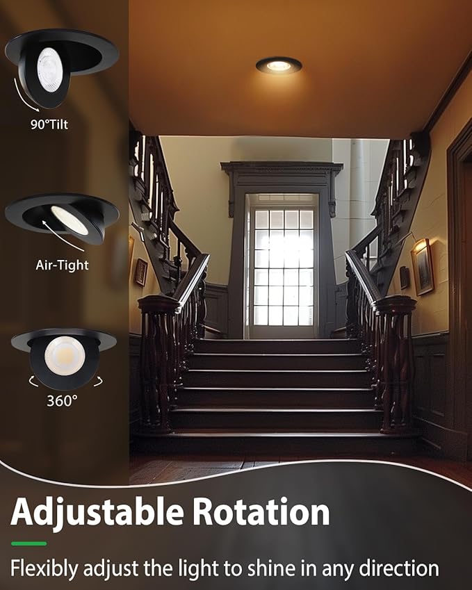 zouzai 5CCT LED Gimbal Led Recessed Light with Junction Box, 360°+90° Adjustable Directional Eyeball Lighting, Dimmable, 2700K/3000K/3500K/4000K/5000K,ETL&Energy Star (6 inch, Black 12 Pack)