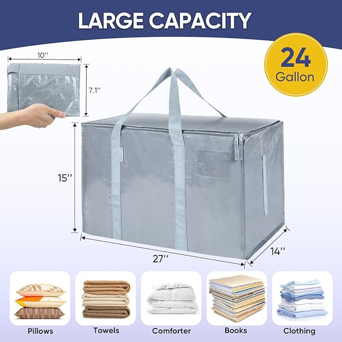 TICONN 4 Pack Extra Large Moving Bags with Zippers & Carrying Handles, Heavy-Duty Storage Tote Moving Boxes for Space Saving (4 Pack, Light Grey)