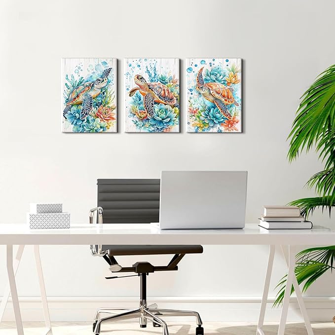Sea Turtle Wall Art for Bathroom Ocean Decor Teal Succulent Pictures Beach Coastal Room Decor Vintage Marine Life Canvas Paintings Abstract Turtles Posters Artwork Home Bedroom Decorations 12x16” 3Pcs