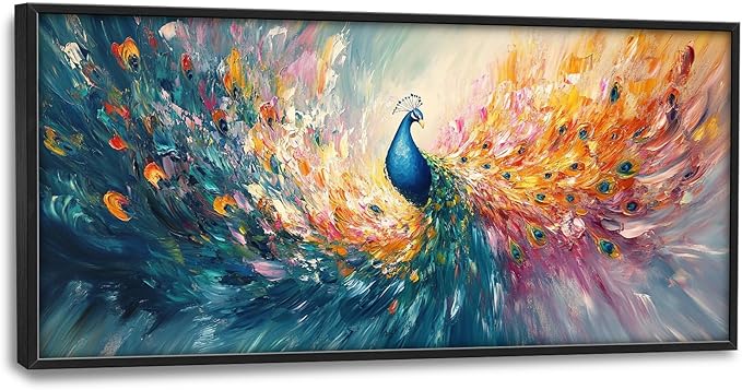 Flintis Large Colorful Peacock Framed Wall Art Peacock Feathers Pictures Wall Decor Abstract Animal Canvas Painting Print Artworks Decor Framed for Living Room Bathroom Master Bedroom 60L X 30W