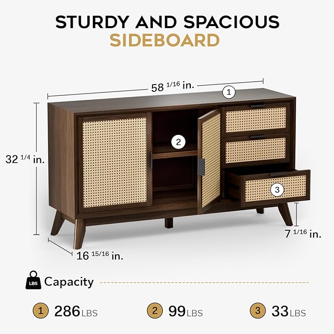 Bme Rattan Pre-Assembled Buffet Sideboard with 3 Drawers & 2 Doors, 58" Accent Console Table Living Room, Kitchen, Dining, Walnut, Jasper Storage Cabinet