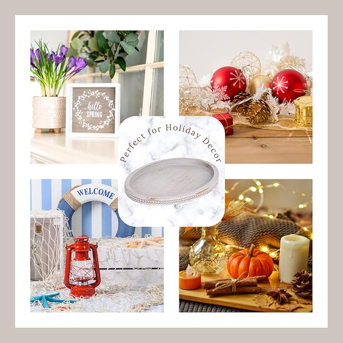 Oval Wooden Tray, Decorative Trays for Home Decor Coffee Table Kitchen Dinning Table, Small Wood Beaded Tray for Decor Grey