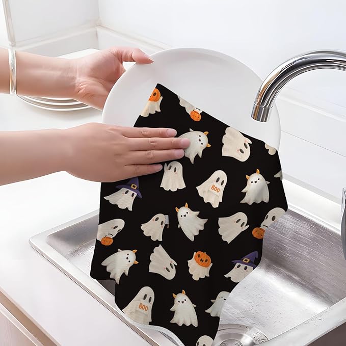 Halloween Kitchen Towels 16x24 Inch Black Cute Ghost Pumpkin Fall Decor Dish Towels Autumn Harvest Thanksgiving Decoration Hand Towel Absorbent Dish Cloths for Home Kitchen Dining Set of 2