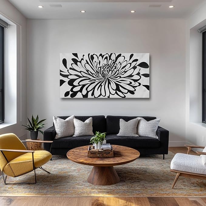 GAIDUOMAI Canvas Prints Wall Art for Living Room Chrysanthemum Artwork Badroom Black and White Wall Decor Minimalist Art for Dining Room 24"x48"
