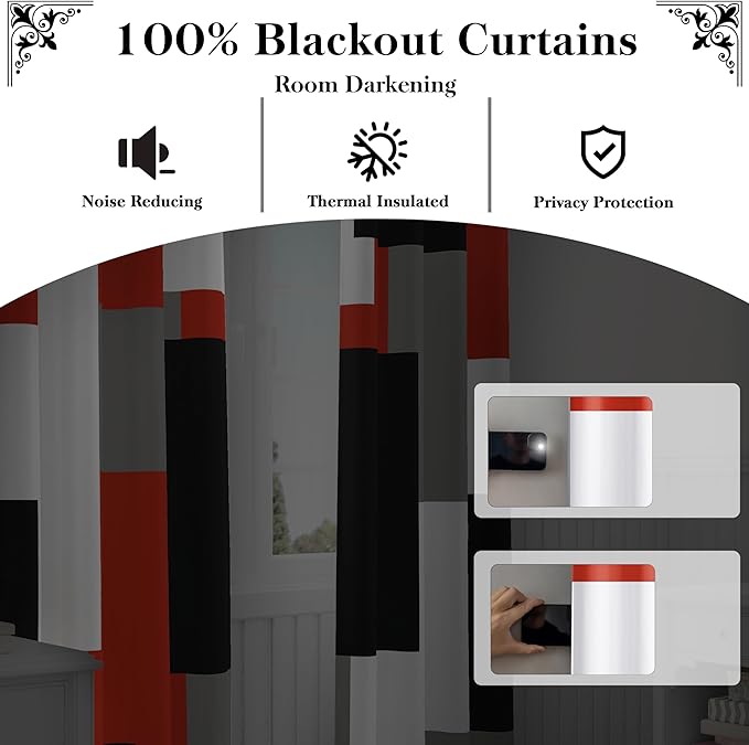 Red Black 100% Blackout Curtains for Bedroom 72 inch Length 2 Panels Set White Grey Modern Abstract Geometric Black Out Curtains Insulated Room Darkening Window Drapes for Living Room, 52Wx72L