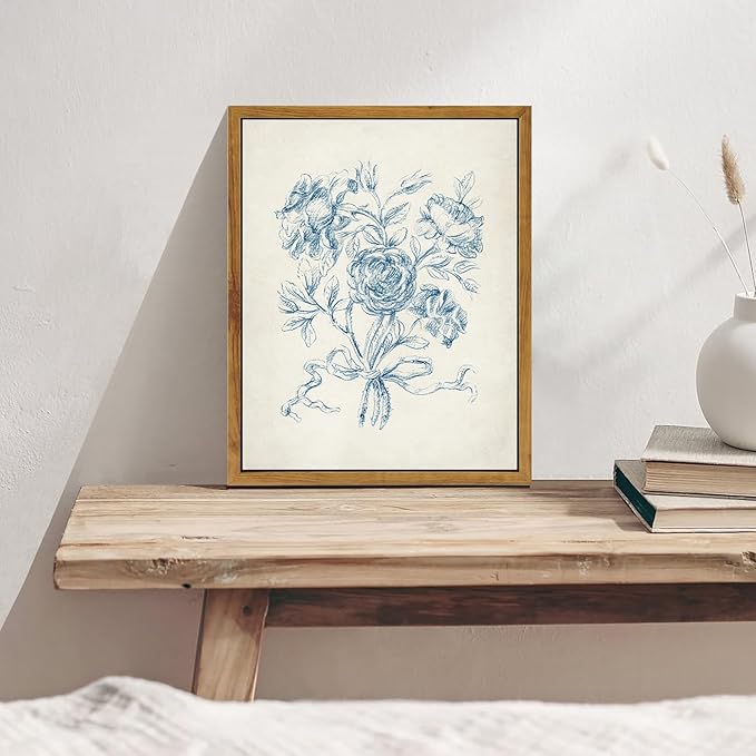 KBKBART Framed Floral Wall Art, Vintage Blue Rose Bouquet Sketch Canvas Oil Painting, Antique Victorian Wall Decor, Minimalist Bedroom Wall Art Aesthetic, Neutral Flower Art Prints for Bedroom Living Room, Gallery, Gifts for Friends or Family(9"x12")