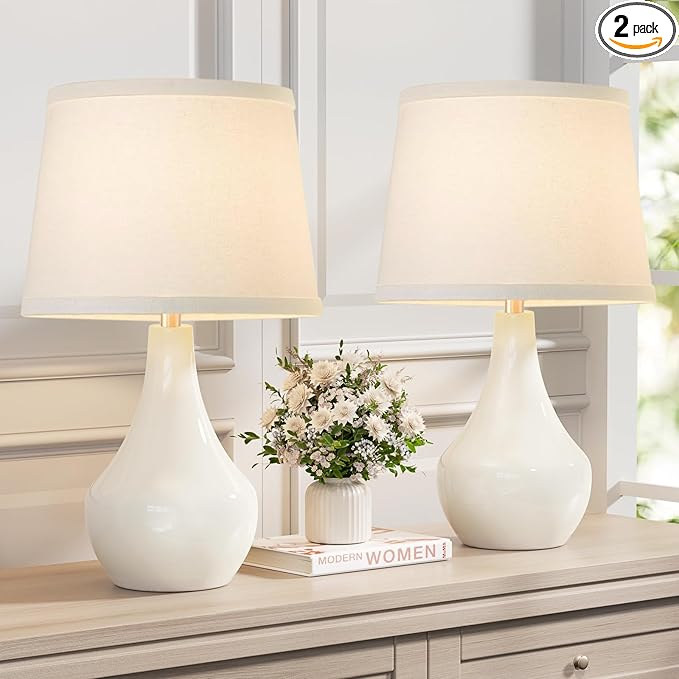 Seealle Modern Ceramic Table Lamps for Night Stands - Bedside Lamps Set of 2 for Nightstand, 19.4" White Bedroom Lamp for Living Room Cute Desk End Table Office Guest Room Dresser Rocker Swtich