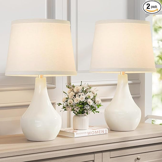 Seealle Modern Ceramic Table Lamps for Night Stands - Bedside Lamps Set of 2 for Nightstand, 19.4" White Bedroom Lamp for Living Room Cute Desk End Table Office Guest Room Dresser Rocker Swtich