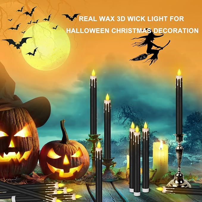 Flameless Taper Candles 10.6" Dripless Battery Operated Taper Candles Included Remote Timer 400+ Hours by 2AA Batteries for Halloween Christmas Wedding (Black+White, 12 Pack)