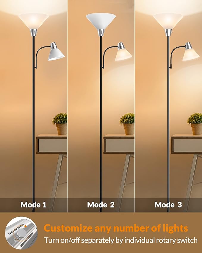 LEPOWER Floor Lamp, Standing Lamp Replaceable 3000K Energy-Saving, Lamp for Living Room with Adjustable Reading Light, Modern Bright Floor Lamp for Bedroom, Living Room, Office