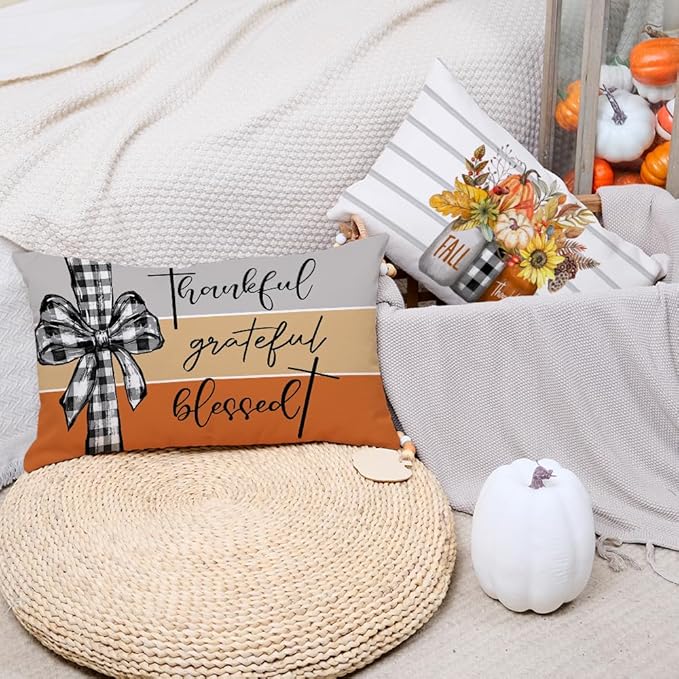 AACORS Fall Pillow Covers 12 x 20 Inch Set of 4, Pumpkin Home Sweet Home Thankful Grateful Blessed Harvest Floral Decorations Autumn Seasonal Pillow Case Decor for Sofa Couch AA557-12