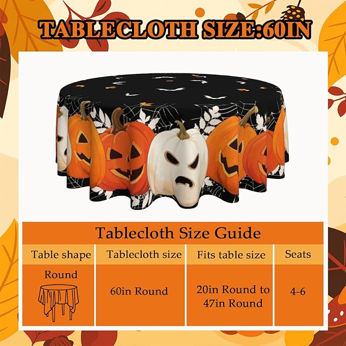 Halloween Round Tablecloth 60x60 Inch Pumpkin Ghost Table Cover Holiday Decorations Seasonal Decor for Home Kitchen Dining Room Picnic Party Fall Thanksgiving