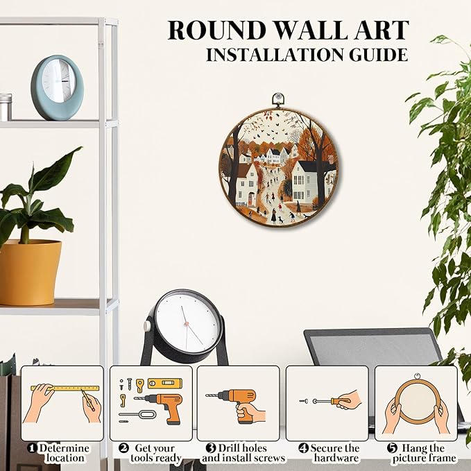 JUIOEIU Fall Round Wall Decor, Cozy Autumn Cityscape Seasonal Framed Canvas Prints, Fall Wall Art Hanging Decorations for Home Bedroom Living Room Office Decor, 10x10in