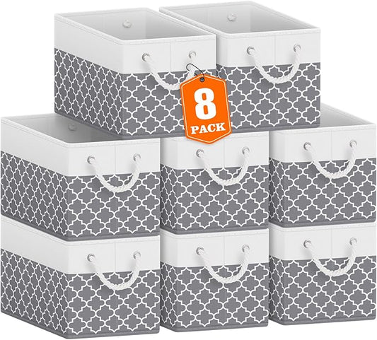 Fab totes Storage Bins [8-Pack], Foldable Storage Baskets for Organizing Toys, Books, Shelves, Closet, Large Storage Box with Rope Handles, Sturdy Organizer Bins,Clover Grey
