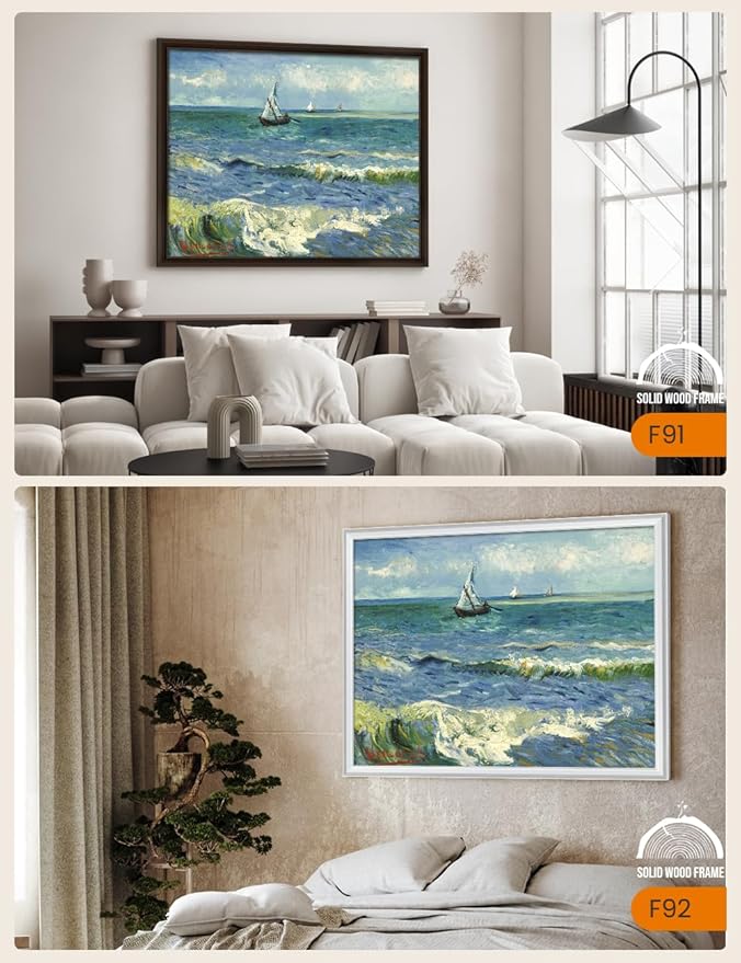 DECORARTS - The Sea at Les Saintes-Maries by Vincent Van Gogh, Large Giclee Canvas Print with Solid Wood Frame, Oversized Wall Art Decor