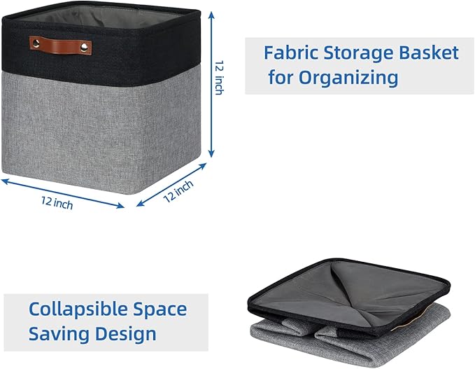 Temary Storage Baskets 12x12 Fabric Cube Storage Bins, 4 Pack Large Baskets with Handles, Baskets for Organizing Towels, Blankets, Collapsible Storage Basket (Black&Gray)