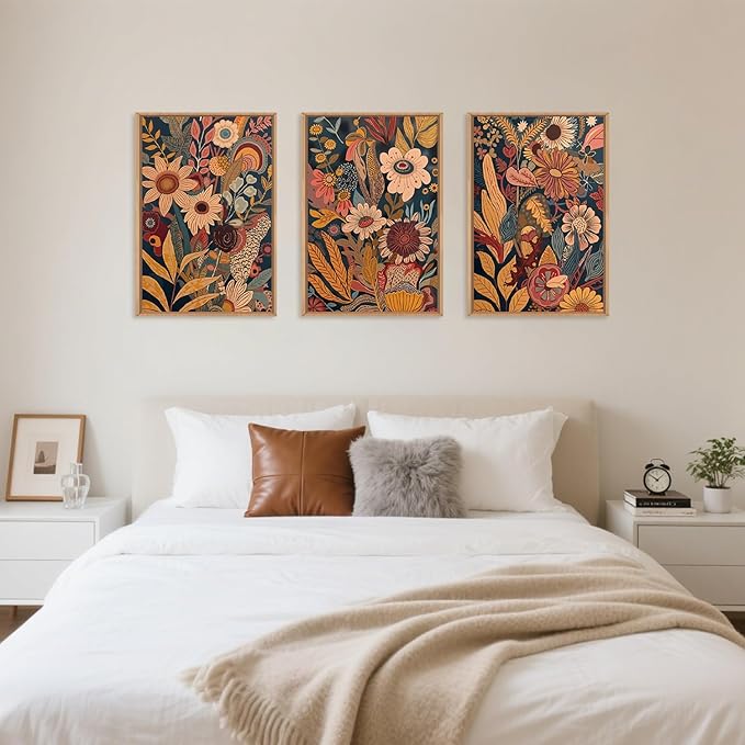 HOURIA Large Orange Flower Framed Canvas Wall Art Set,Boho Mid Century Modern Floral Botanical Wall Decor,Retro Vintage Blossom Artwork,Neutral Plant Art Print for Living Room,Bedroom,Office-16"x24"x3