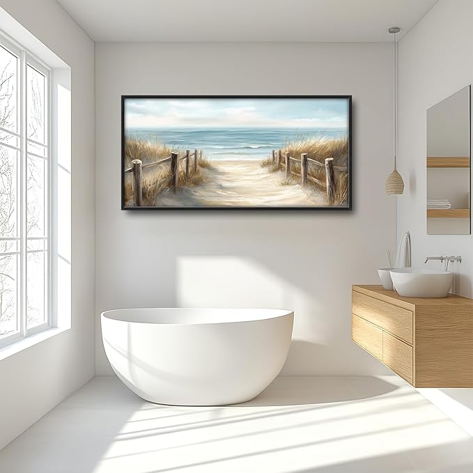 Olivine Beach Large Wall Art, Coastal Seascape Pictures Wall Decor, Nautical Paintings, Sea Canvas Prints, Framed Artwork for Dining Room Bedroom Living Room Office Bathroom Home Decoration 60"x30"