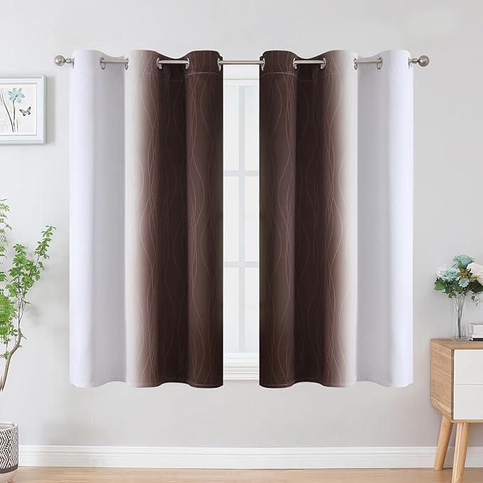 Estelar Textiler Brown and Greyish White Ombre Blackout Curtains 54 Inch Length 2 Panels, Full Room Darkening Gradient Drapes for Kitchen, Thermal Insulated Grommet Short Curtains for Bedroom,42Wx54L