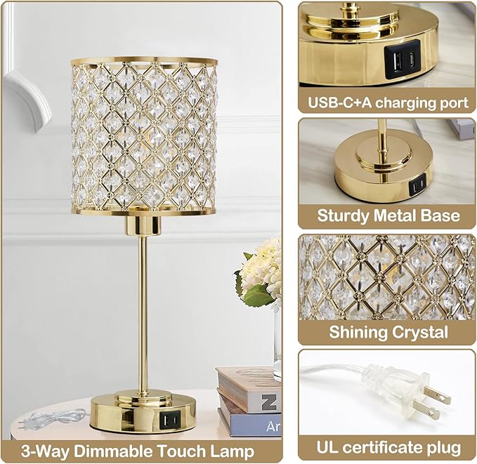 Crystal Touch Control Table Lamp with USB-C+A Charging Ports 3-Way Dimmable Nightstand Lamp Set of 2 Crystal Decorative Bedside Lamps with Gold Elegant Shade for Bedroom Living Room, Bulbs Included