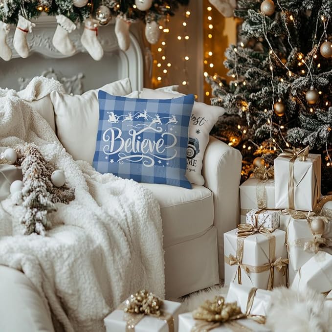 GEEORY Merry Christmas Throw Pillow Covers 20x20 Inch Set of 4, Xmas Trees Truck Blue Buffalo Plaid Believe Farmhouse Decorative Cushion Cases for Home Decoration G594-20