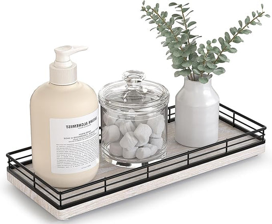 Bathroom Tray for Counter Top Organizer – Ash Wood Vanity Tray with Metal Frame for Dresser, Kitchen, Nightstand – Black & Whitewashed Decorative Storage