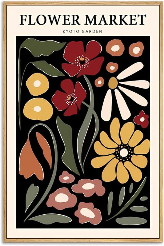 Gufro Framed Red & Yellow Flower Market Canvas Wall Art,Flower Wall Art, Flower Poster Vintage for Living Room Bedroom office Decoration-12''x16''Natural Framed