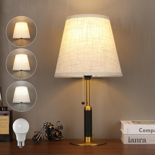 18.9" Modern Table Lamp Bedside Lamps for Nightstand Lamp for Bedroom Living Room End Tables 3-Color Night Light Pull Chain Switch Wood Fabric for Home Office Dorm Decor (Light Brown+Brass)
