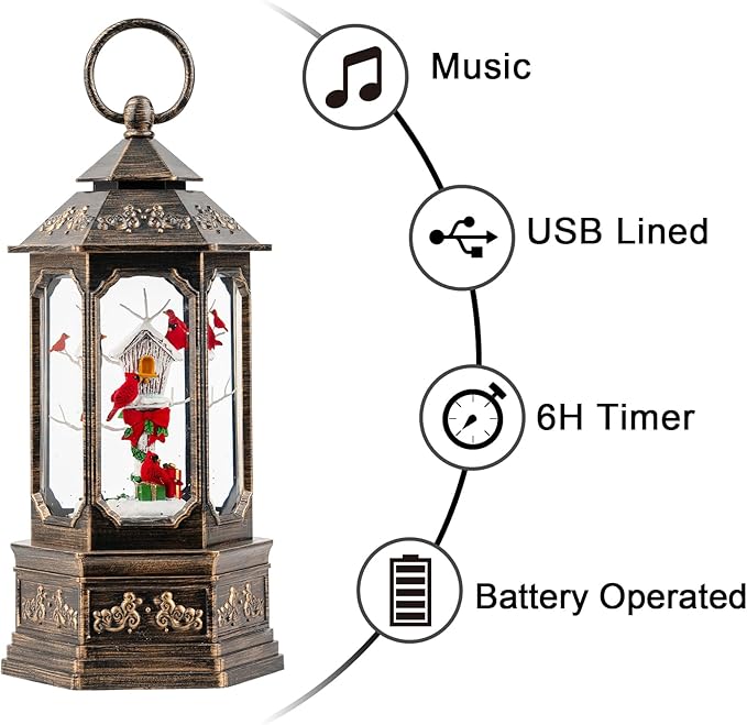 Musical Snow Globe Lantern Lighted Cardinal & Birdhouse Christmas Snow Water Lantern Swirling Glittering Home Decoration and Gift, Battery Operated or USB Powered