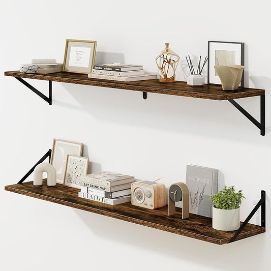 Fun Memories Deep Floating Shelves for Wall, 48W x 8D Wall Mounted Shelves Set of 2, Wide Display Ledge Shelf with Sturdy Metal Brackets for Living Room, Bathroom, Bedroom and Kitchen, Rustic Brown