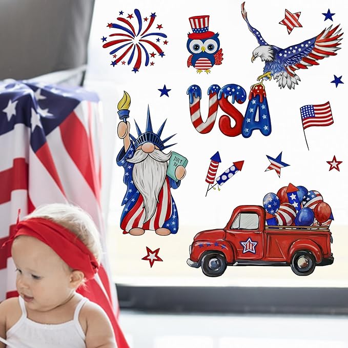 Yovkky 4th of July USA The Statue of Liberty Window Clings 4 Sheets, Patriotic America Red Truck Eagle Owl Stickers Decals Decor, American Fireworks Balloons Stars Stripes Home Kitchen Decorations