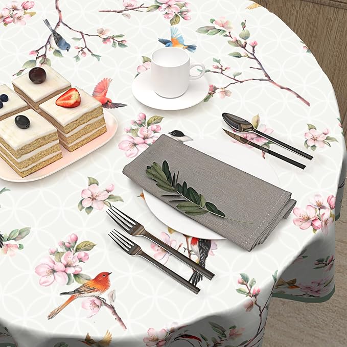 Spring Flowers Round Table Cloth Spring Hummingbird Round Tablecloth 60 Inch Spring Summer Circle Table Cover Colorful Floral Birds Table Cover for Kitchen Dining Room Farmhouse Indoor Outdoor Decor