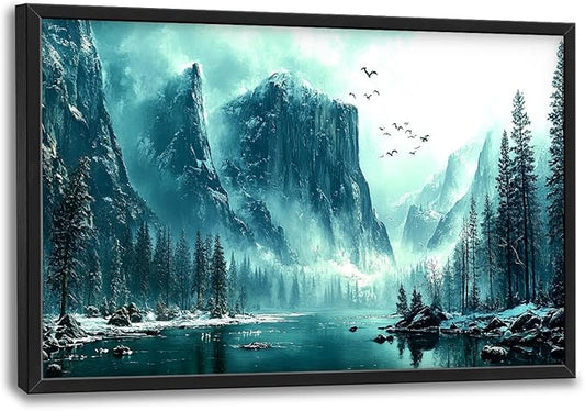 Framed Large Wall Art for Living Room, Mountain Lake Canvas Wall Decor, Forest Tree Pictures Painting, Modern Landscape Artwork for Bedroom Office 36L'' × 24W''