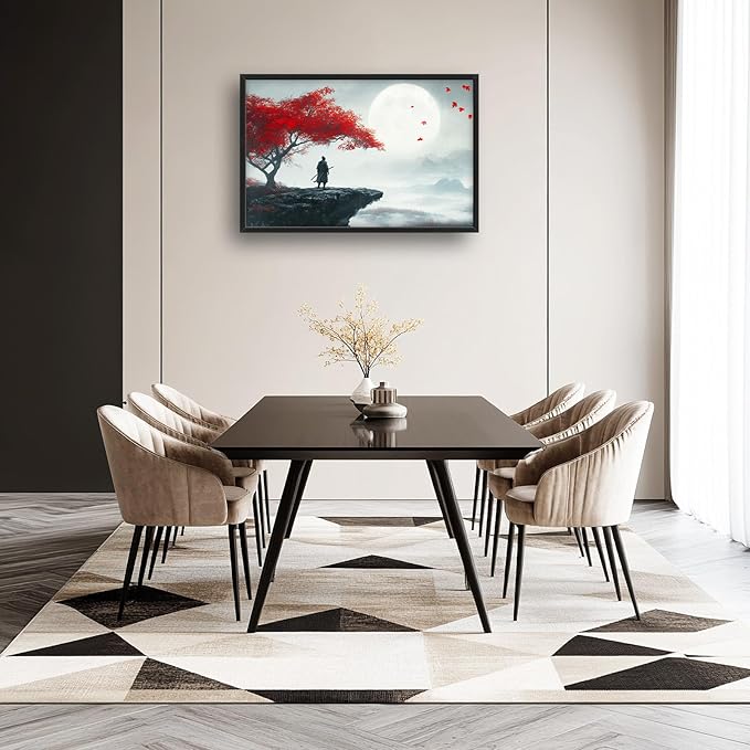Framed Large Wall Art for Living Room, Japanese Samurai Canvas Wall Decor, Red Tree Pictures Painting, Modern Landscape Artwork for Bedroom Office 36L'' × 24W''