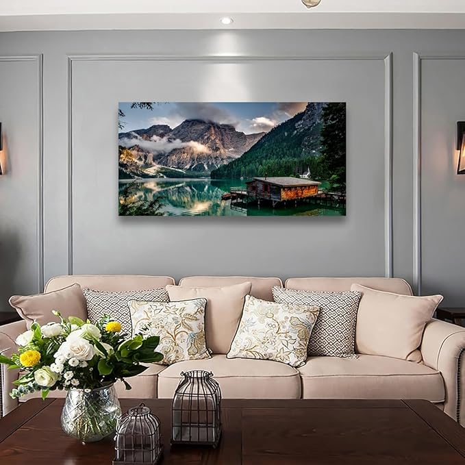 Green Lake Mountain Pictures Canvas Wall Art for Living room Bedroom Wall Decor, Mountain Wall Art Print Paitnings for home Decor,Morden Artwork House in the lake Landscape Canvas Art