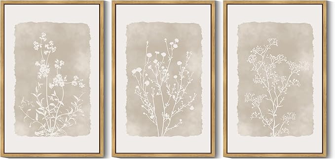 KUVIOKE Boho Botanical Flower Wall Art Framed Vintage Floral Wall Prints Wildflower Neutral Rustic Bohemain Artwork Kitchen Bedroom Decor 24x36in (Natural Framed)