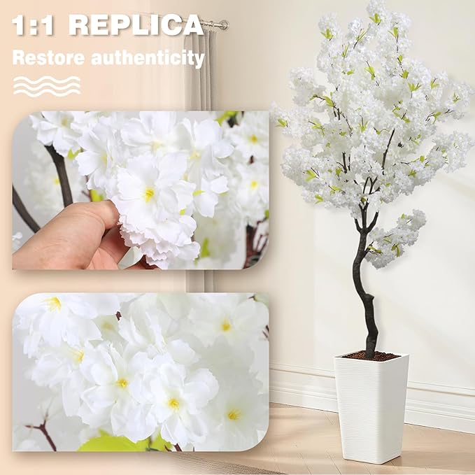Large Artificial White Cherry Blossom 6ft(72in) Faux Floor Green Plant for Indoor Decor Natural Potted Tree Realistic Cherry Flowers Wood Trunk for Home Living Room,Office Perfect Housewarming Gift