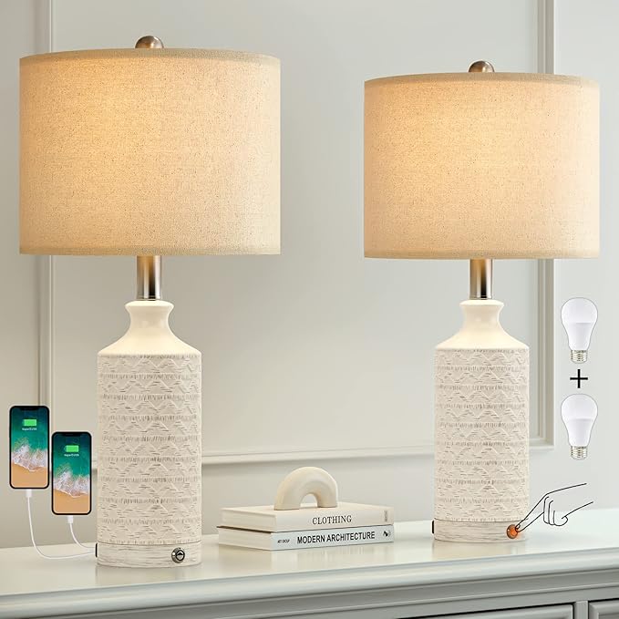 PoKat 24" Modern Contemporary Ceramic Lamp Set of 2 for Living Room White Desk Decor Lamps for Bedroom Farmhouse Bedside Nightstand End Table Lamps, White