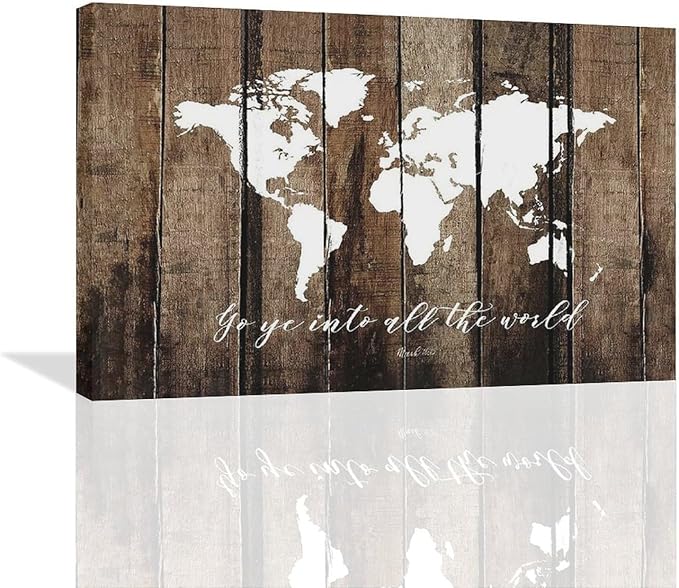 Large World Map Wall Art Rustic World Map Pictures Wall Decor Go Ye Into All The World and Preach The Gospel Canvas Painting Print Home Artwork Framed for Living Room Bathroom Master Bedroom 24"x16"