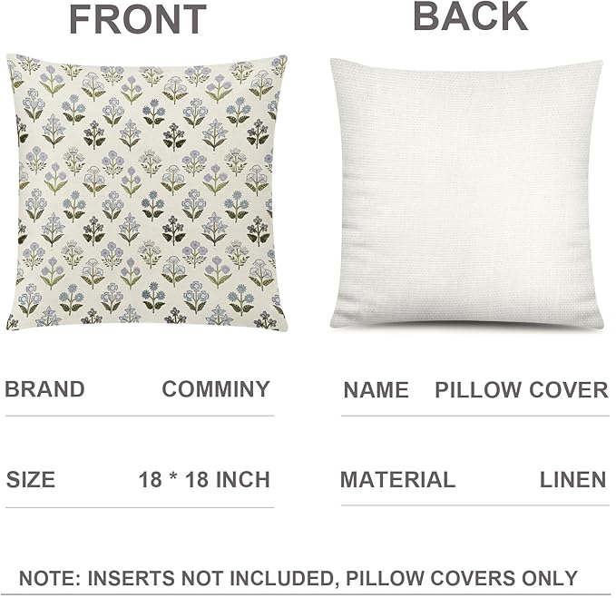 COMMINY Sage Green Blue Floral Pillow Cover 18x18 Set of 6 Minimalist Modern Throw Pillow Covers Square Cushion Covers for Couch Sofa Living Room Home Decor