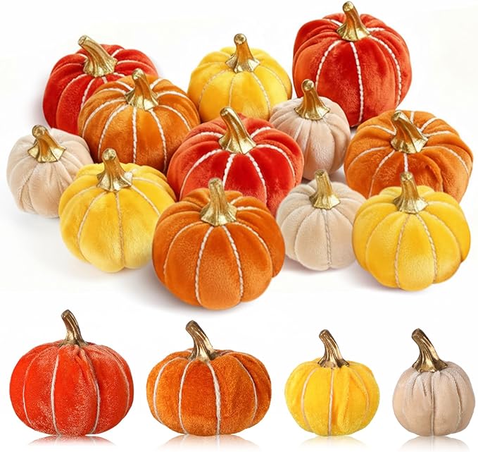 Weysat 12 Pcs Fall Velvet Pumpkins Decorations, 4 Sizes Artificial Pumpkins Table Centerpiece Fake Pumpkin Decor for Thanksgiving Autumn Wedding Farmhouse and Home Decor(Rustic)