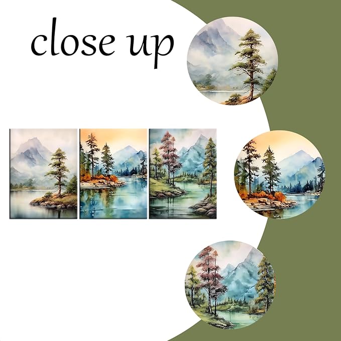 Landscape Canvas Wall Art Watercolor Green Forest Lakes Poster Print Mountain Range Picture Painting Artwork for Modern Home Bedroom Bathroom Wall Decoration Stretched and Framed [36''W x 16''H]