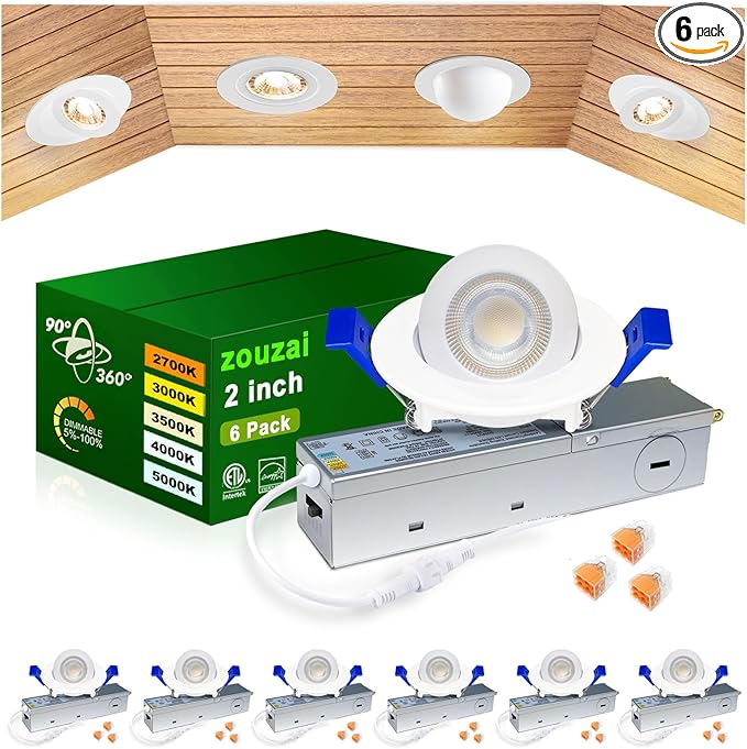 zouzai 5CCT LED Gimbal Led Recessed Light with Junction Box, 360°+90° Adjustable Directional Eyeball Lighting, Dimmable, 2700K/3000K/3500K/4000K/5000K,ETL&Energy Star (White 6 Pack, 2 inch)