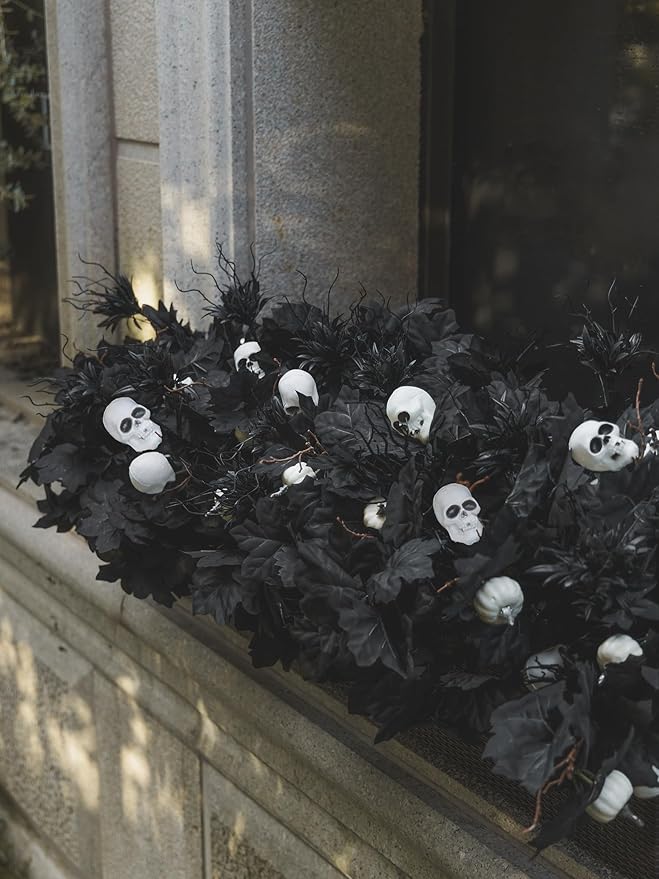 18pcs Fake Plants Outdoor, Halloween Maple Pumpkin Branch, Autumn Artificial White Pumpkins Stem with Black Maple Leaves, Faux Maple Leaves Spray for Halloween Thanksgiving Home Deocr(Black)