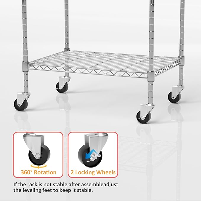 Garage Shelving with Wheels, 4 Tier Shelving Unit and Adjustable Feet, 865 lb High Capacity Rolling Storage Shelf for Kitchen, Office, Dining Room, Garage, Chrome