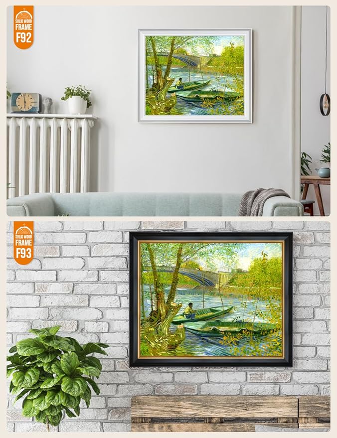 DECORARTS - Fishermen And Boats From The Pont De Clichy - Vincent Van Gogh Giclee Prints w/Antique Brown Frame for Wall Decor. Picture Size: 20x16, Total Size w/Frame: 23x19